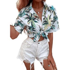 imageSweatyRocks Womens Short Sleeve Cute Print Button Down Shirt TopsTropical White