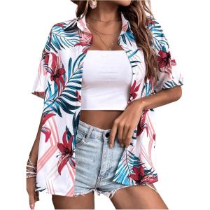 imageSweatyRocks Womens Short Sleeve Cute Print Button Down Shirt TopsWhite Floral