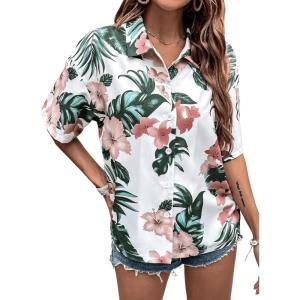 imageSweatyRocks Womens Short Sleeve Cute Print Button Down Shirt TopsWhite Green