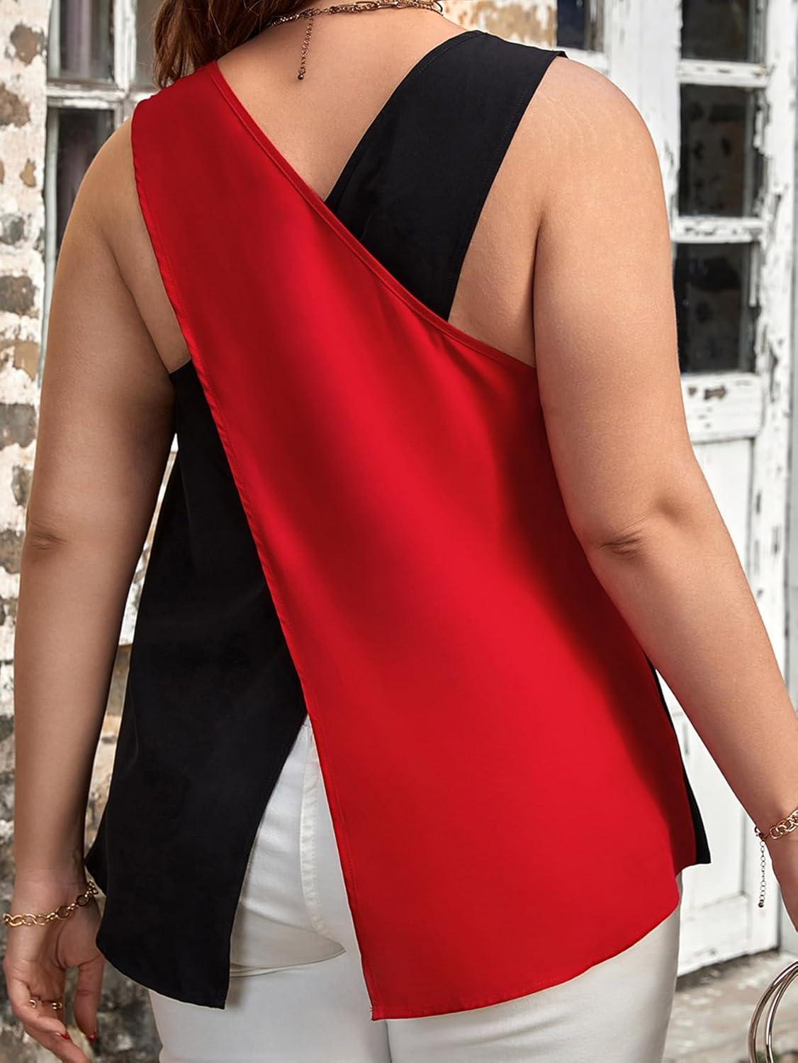 imageSweatyRocks Womens Plus Size Colorblock Criss Cross Patchwork Tank Top Round Neck Sleeveless TopsMulticolor