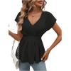 imageSweatyRocks Womens Batwing Sleeve V Neck Fold Pleated Ruffle Hem Blouse Peplum TopBlack