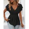 imageSweatyRocks Womens Batwing Sleeve V Neck Fold Pleated Ruffle Hem Blouse Peplum TopBlack