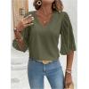 imageSweatyRocks Womens Contrast Mesh Bell Short Sleeve Blouse V Neck Ruffle Sleeve Casual ShirtsArmy Green