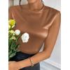imageSweatyRocks Womens Elegant Sleeveless Round Neck Satin Blouse Solid Zipper Back Shirt Tank TopBrown