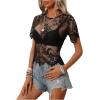 imageSweatyRocks Womens Floral Lace Sheer See Through Blouse Short Sleeve Crewneck Scallop Trim Shirts TopsBlack