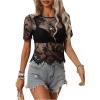 imageSweatyRocks Womens Floral Lace Sheer See Through Blouse Short Sleeve Crewneck Scallop Trim Shirts TopsBlack