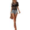 imageSweatyRocks Womens Floral Lace Sheer See Through Blouse Short Sleeve Crewneck Scallop Trim Shirts TopsBlack