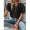 imageSweatyRocks Womens Puff Short Sleeve Collar Button Front Blouse V Neck Contrast Lace Shirt TopsBlack