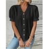 imageSweatyRocks Womens Puff Short Sleeve Collar Button Front Blouse V Neck Contrast Lace Shirt TopsBlack