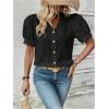 imageSweatyRocks Womens Puff Short Sleeve Collar Button Front Blouse V Neck Contrast Lace Shirt TopsBlack