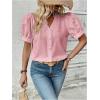 imageSweatyRocks Womens Puff Short Sleeve Collar Button Front Blouse V Neck Contrast Lace Shirt TopsPink