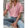 imageSweatyRocks Womens Puff Short Sleeve Collar Button Front Blouse V Neck Contrast Lace Shirt TopsPink