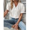 imageSweatyRocks Womens Puff Short Sleeve Collar Button Front Blouse V Neck Contrast Lace Shirt TopsWhite