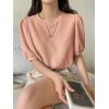 imageSweatyRocks Womens Short Puff Sleeve Round Neck Blouse Casual Solid Office Shirt TopCoral Pink