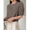 imageSweatyRocks Womens Short Puff Sleeve Round Neck Blouse Casual Solid Office Shirt TopMocha Brown