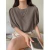 imageSweatyRocks Womens Short Puff Sleeve Round Neck Blouse Casual Solid Office Shirt TopMocha Brown