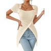 imageSweatyRocks Womens Square Neck Asymmetrical Tops Dressy Casual Short Sleeve Shirts Wrap Plain Tee ShirtBeige