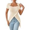 imageSweatyRocks Womens Square Neck Asymmetrical Tops Dressy Casual Short Sleeve Shirts Wrap Plain Tee ShirtBeige