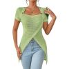 imageSweatyRocks Womens Square Neck Asymmetrical Tops Dressy Casual Short Sleeve Shirts Wrap Plain Tee ShirtGreen