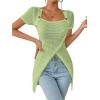 imageSweatyRocks Womens Square Neck Asymmetrical Tops Dressy Casual Short Sleeve Shirts Wrap Plain Tee ShirtGreen