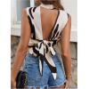imageSweatyRocks Womens Tie Backless Printed Blouse Mock Neck Cut Out Sleeveless Crop TopsBeige
