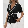 imageSweatyRocks Womens Wrap V Neck Short Sleeve Blouse Colorblock Flared Hem Peplum Shirt Tops with BeltBlack