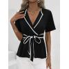 imageSweatyRocks Womens Wrap V Neck Short Sleeve Blouse Colorblock Flared Hem Peplum Shirt Tops with BeltBlack