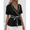 imageSweatyRocks Womens Wrap V Neck Short Sleeve Blouse Colorblock Flared Hem Peplum Shirt Tops with BeltBlack