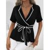 imageSweatyRocks Womens Wrap V Neck Short Sleeve Blouse Colorblock Flared Hem Peplum Shirt Tops with BeltBlack