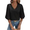 imageSweatyRocks Womens Contrast Mesh Bell Short Sleeve Blouse V Neck Ruffle Sleeve Casual ShirtsBlack