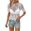 imageSweatyRocks Womens Floral Lace Sheer See Through Blouse Short Sleeve Crewneck Scallop Trim Shirts TopsWhite