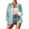 imageSweatyRocks Womens Long Sleeve Drop Shoulder Button Down Shirt Loose Fit Sheer Blouse TopMint Blue