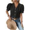 imageSweatyRocks Womens Puff Short Sleeve Collar Button Front Blouse V Neck Contrast Lace Shirt TopsBlack