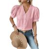 imageSweatyRocks Womens Puff Short Sleeve Collar Button Front Blouse V Neck Contrast Lace Shirt TopsPink