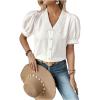imageSweatyRocks Womens Puff Short Sleeve Collar Button Front Blouse V Neck Contrast Lace Shirt TopsWhite