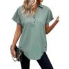 imageSweatyRocks Womens Short Sleeve Collared V Neck Blouse Button Front Asymmetrical Hem Loose Shirt TopsGreen