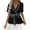 imageSweatyRocks Womens Wrap V Neck Short Sleeve Blouse Colorblock Flared Hem Peplum Shirt Tops with BeltBlack