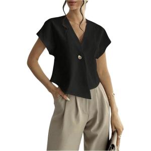 imageSweatyRocks Womens Asymmetrical Hem Button Work Blouses V Neck Short Sleeve Tops ShirtsBlack