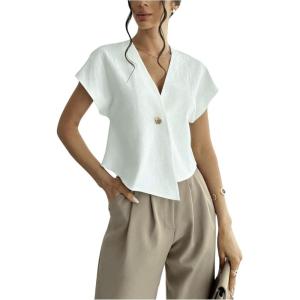 imageSweatyRocks Womens Asymmetrical Hem Button Work Blouses V Neck Short Sleeve Tops ShirtsWhite