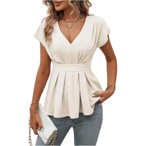 imageSweatyRocks Womens Batwing Sleeve V Neck Fold Pleated Ruffle Hem Blouse Peplum TopApricot