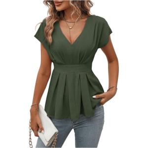 imageSweatyRocks Womens Batwing Sleeve V Neck Fold Pleated Ruffle Hem Blouse Peplum TopArmy Green