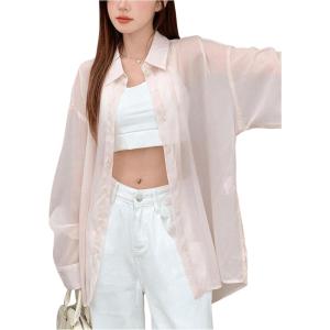 imageSweatyRocks Womens Button Down Blouses Long Sleeve Sun Protection Sheer Shirts Loose Casual TopsPink