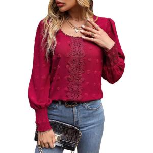 imageSweatyRocks Womens Casual Lace Shirred Long Sleeve Blouse Swiss Dot Round Neck Shirts TopRed