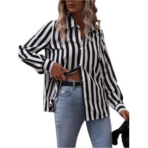 imageSweatyRocks Womens Casual Long Sleeve Striped Button Front Collared Blouse ShirtBlack White