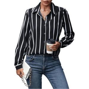 imageSweatyRocks Womens Casual Long Sleeve Striped Button Front Collared Blouse ShirtBlack and White