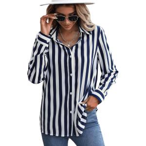 imageSweatyRocks Womens Casual Long Sleeve Striped Button Front Collared Blouse ShirtBlue White