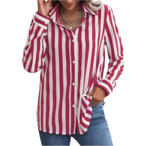 imageSweatyRocks Womens Casual Long Sleeve Striped Button Front Collared Blouse ShirtRed and White