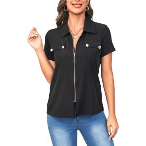 imageSweatyRocks Womens Casual Short Sleeve Collared Shirt Button Front Full Zip Up BlouseBlack