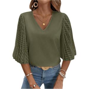 imageSweatyRocks Womens Contrast Mesh Bell Short Sleeve Blouse V Neck Ruffle Sleeve Casual ShirtsArmy Green