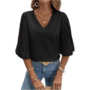 imageSweatyRocks Womens Contrast Mesh Bell Short Sleeve Blouse V Neck Ruffle Sleeve Casual ShirtsBlack